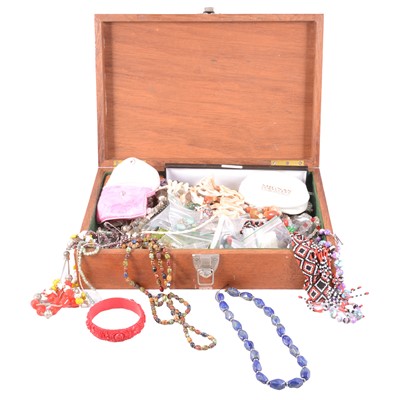 Lot 523 - A collection of gemstone and costume jewellery in a wooden box.