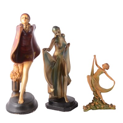 Lot 95 - Art Deco Scarf Dancer, patinated metal sculpture, and three other Deco style figures