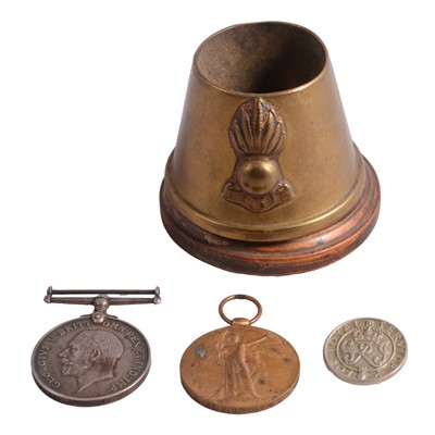 Lot 159 - Medals - WW1 pair, For Loyal Service cap badge, brass military paperweight.