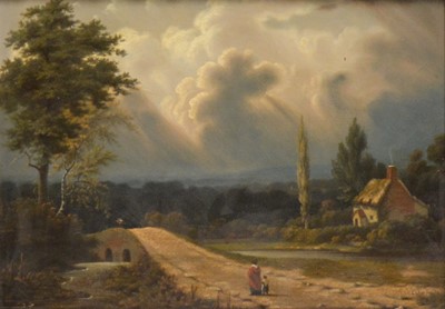 Lot 221 - English School, Figures before a bridge
