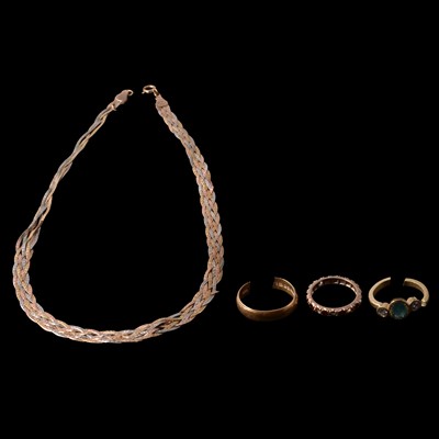 Lot 153 - Three broken gold rings, and a broken gold necklace.