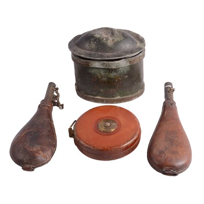 Lot 100 - A lead tobacco box with damper, two shot flasks, a John Rabone surveyors tape.