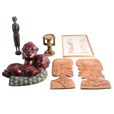 Lot 104 - Pair of carved African busts and other sculptures