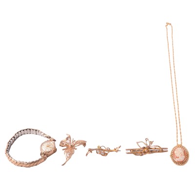 Lot 160 - Three gold / yellow metal brooches, a cameo pendant on a chain, and a gold wristwatch.