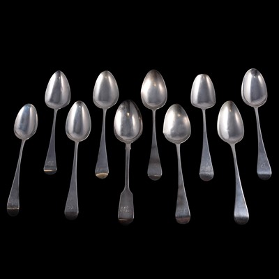 Lot 325 - Georgian silver tablespoon, Simon Levy, Exeter 1819, and nine other silver tablespoons.