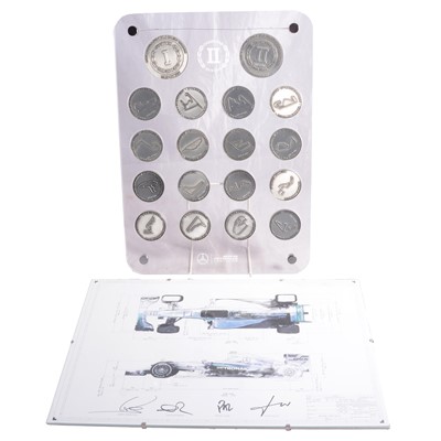 Lot 180 - Formula 1 interest - a 2015 Mercedes-Benz F1W06 Hybrid technical drawing, and medal set.