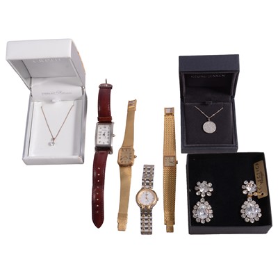 Lot 453 - White metal and costume jewellery pendants on chains, earrings, and wristwatches.