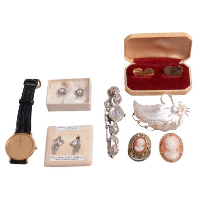 Lot 454 - A carved shell cameo brooch, gold and silver cufflinks, costume jewellery, and wristwatches.