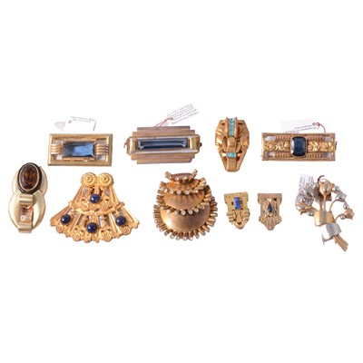 Lot 527 - Ten Art Deco yellow metal dress clips and brooches, probably French and German.