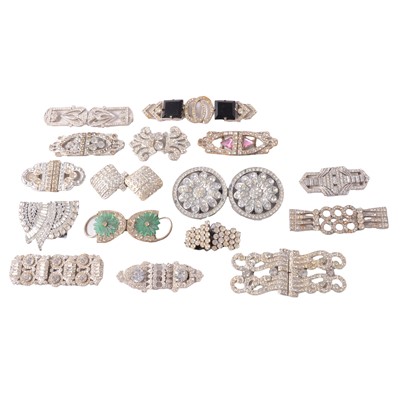 Lot 528 - Fifteen vintage paste set buckles, and a duette clip.