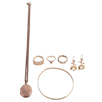 Lot 164 - A yellow metal 585 ring, earrings, locket and chain and two rings, 9 carat gold slave bangle.