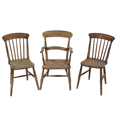 Lot 433 - Pair of Victorian elm and beech kitchen chairs, and a similar elbow chair