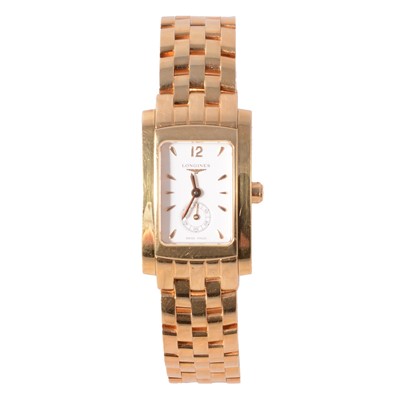 Lot 1050 - Longines - a lady's DolceVita 18 carat gold bracelet wristwatch.