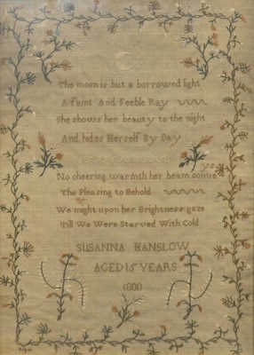 Lot 350 - A hand worked sampler Susanna Hanslow dated 1800, aged 15 years.