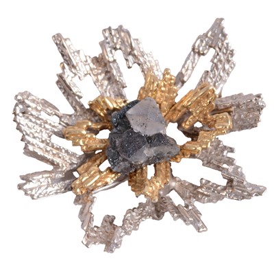 Lot 235 - A yellow and white gold abstract design brooch with crystal centre.