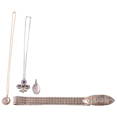Lot 458 - A crystal locket, paste fleur-de-lys brooch, French buckle and scorpion pendant, white metal buckle.