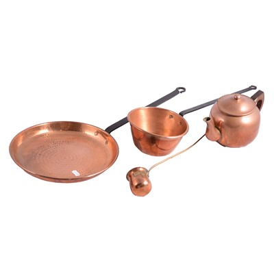 Lot 108 - Small quantity of copper including three circular pans, skillet, etc.