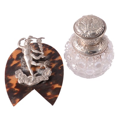 Lot 307 - Silver-mounted cut-glass scent bottle, and cast silver and simulated tortoiseshell clip.
