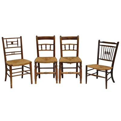 Lot 522 - Four beech and ash rush seated chairs and two others
