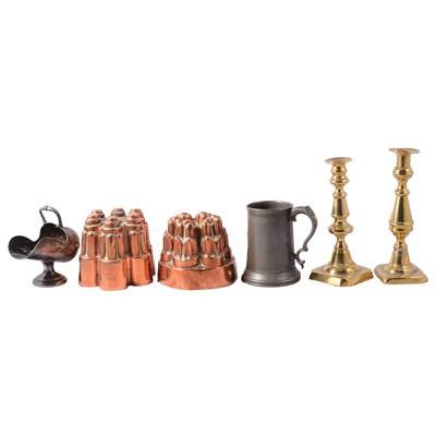 Lot 111 - Pair of copper jelly moulds and other brass kitchenalia