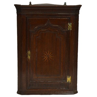 Lot 402 - Georgian oak and inlaid hanging corner cupboard