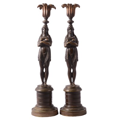 Lot 78 - Pair of Greek Revival bronze figural candlesticks