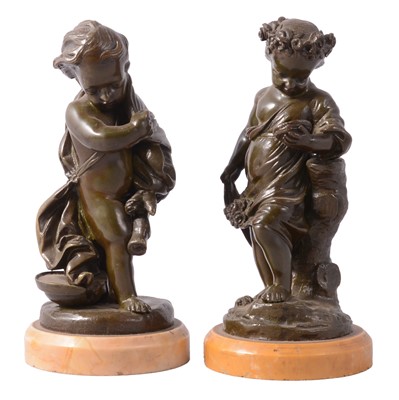 Lot 77 - Pair of patinated bronze cherubs, after Clodion