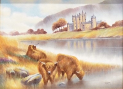 Lot 342 - Bronté Porcelain - Highland Cattle at Glamis Castle hand-painted plaque.