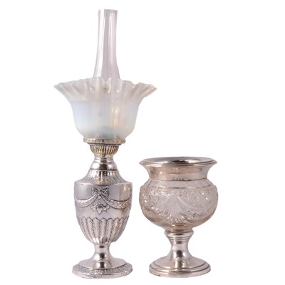 Lot 312 - Small Victorian silver oil lamp, together with a silver-mounted cut-glass bowl