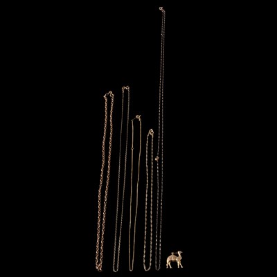 Lot 283 - Five gold chains and a camel pendant.