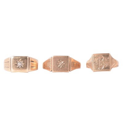 Lot 120 - Three 9 carat yellow gold signet rings.