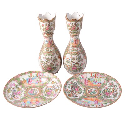 Lot 71 - Pair of Cantonese famille rose vases and a similar pair of plates