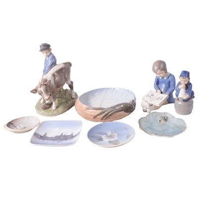 Lot 55 - Royal Copenhagen group, of a boy with a calf, and other Copenhagen ceramics