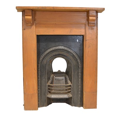 Lot 474 - Edwardian pine and cast iron fireplace, together with four Gothic oak panels
