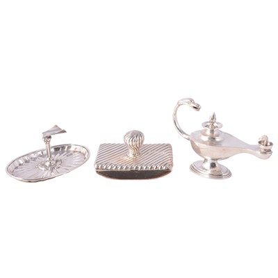 Lot 309 - Edwardian silver taper lamp, ink blotter, and cigar stand