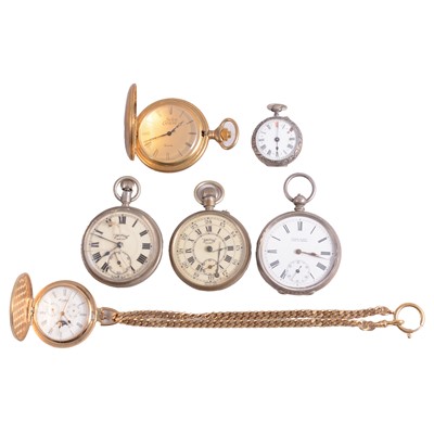 Lot 391 - Six pocket and fob watches, and a gilt metal chain.