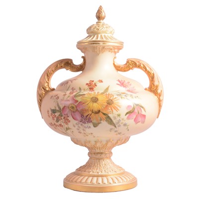 Lot 34 - Royal Worcester blush ivory twin handled vase and cover