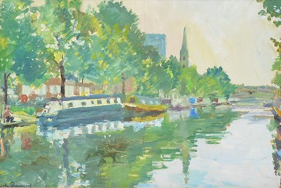 Lot 419 - Faith Sheppard, Canal scene with narrow boats