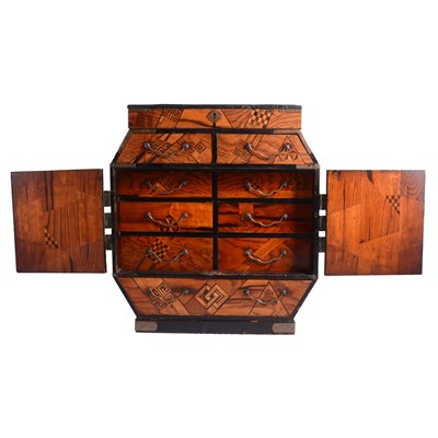 Lot 115 - CATALOGUE AMENDMENT Japanese black lacquer and parquetry table top chest of drawers