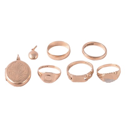 Lot 261 - Five 9 carat gold rings, gold locket, and yellow metal coffee bean charm.