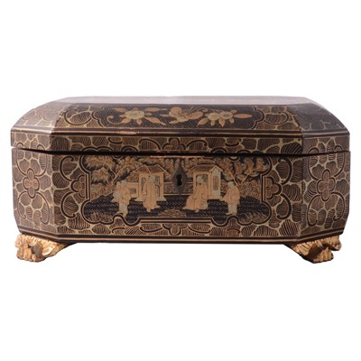 Lot 172 - Chinese lacquered tea caddy, sewing accessories, and white metal ornaments