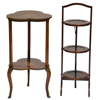 Lot 375 - French rosewood and marquetry etagere and a cake stand