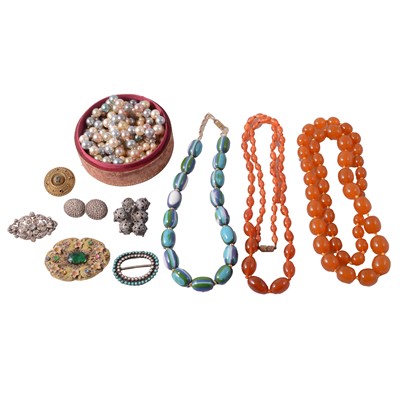 Lot 533 - Amber-coloured bead necklaces, silver ring, buckle, simulated pearls, and costume jewellery.