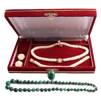 Lot 327 - A suite of freshwater pearl jewellery, malachite necklace and ring.