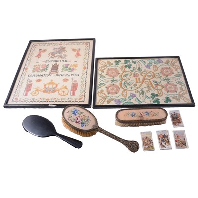 Lot 116 - Two embroidered Coronation 1953 samplers; dressing table set; etc