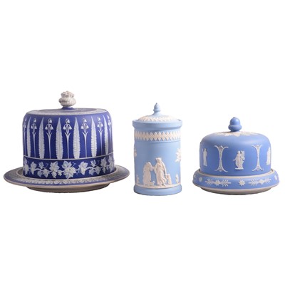 Lot 15 - Blue Jasperware cheese dish and cover, another cheese dish and cover, and a jar