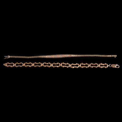 Lot 308 - A 9 carat yellow gold link bracelet and a multi-colour bracelet.