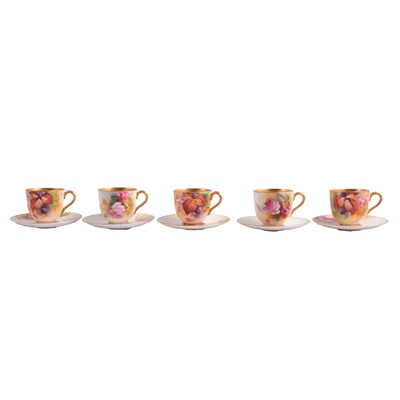 Lot 79A - Royal Worcester, three painted coffee cans and saucers by Blake, and two further