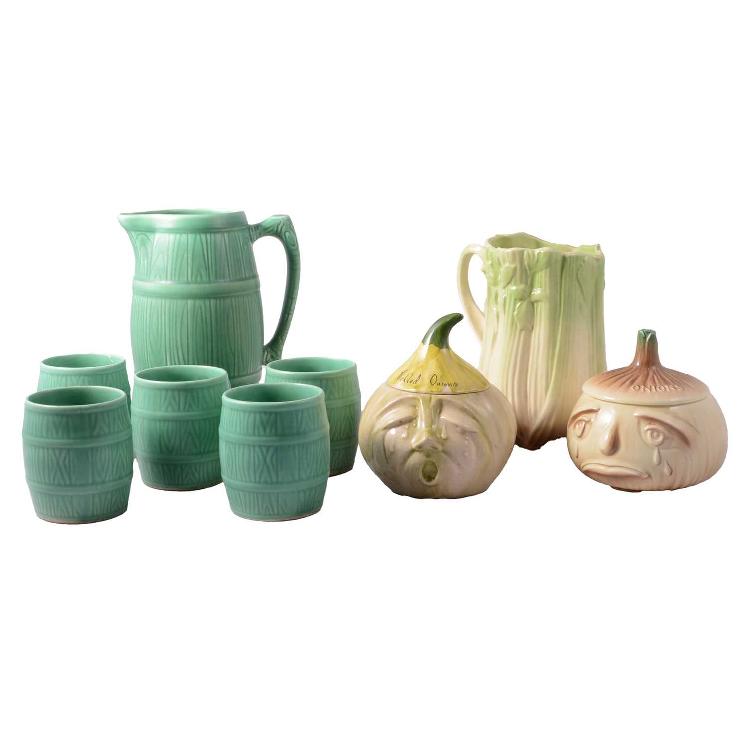 Lot 18 - Sylvac Pottery barrel jug and tankards, two onion jars, and a celery jug