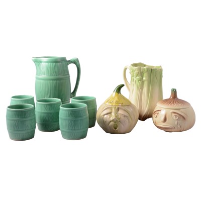 Lot 18 - Sylvac Pottery barrel jug and tankards, two onion jars, and a celery jug